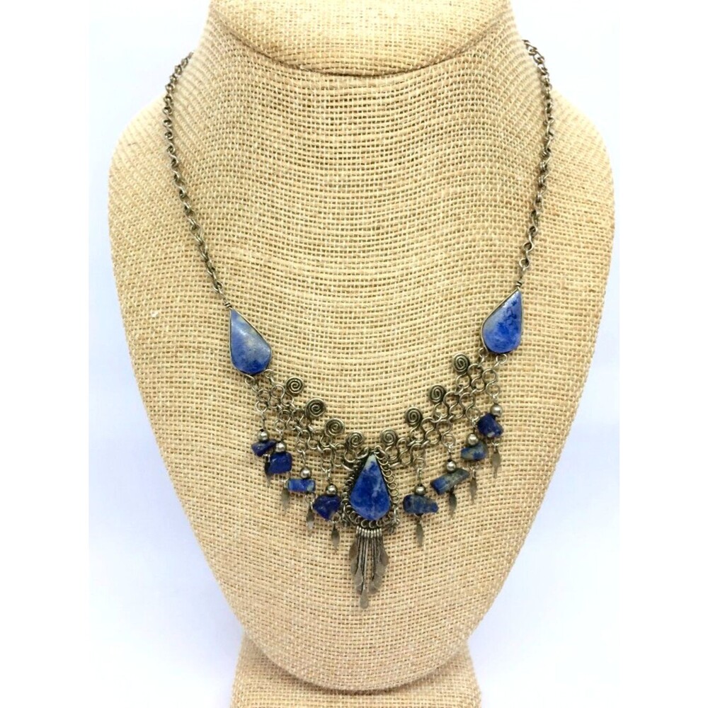 Peruvian Made Necklace blue Stone Statement Bib Fringe Ethnic Tribal Festival Bo